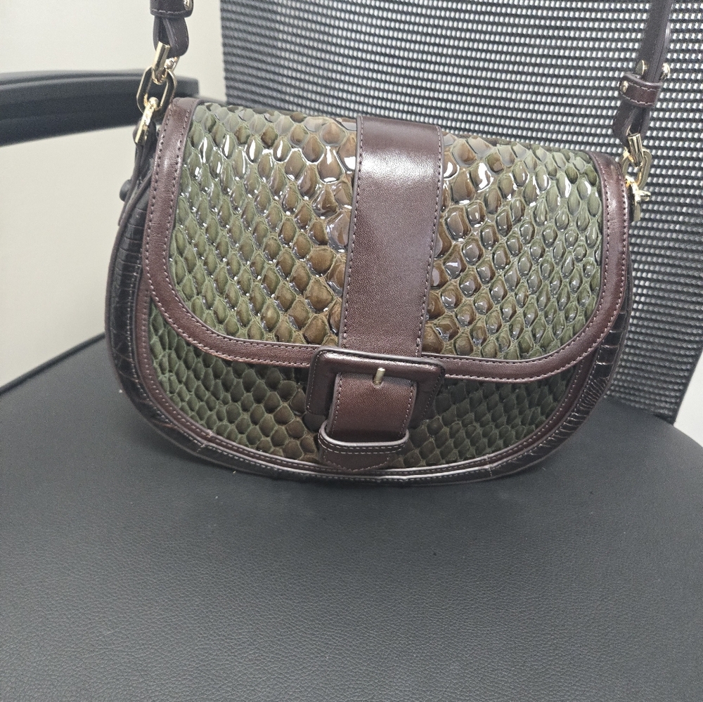 BRAHMIN CYNTHIA HUNTER AMAYA GREEN OMBRE COCOA BROWN LEATHER SADDLE HANDBAG NWT